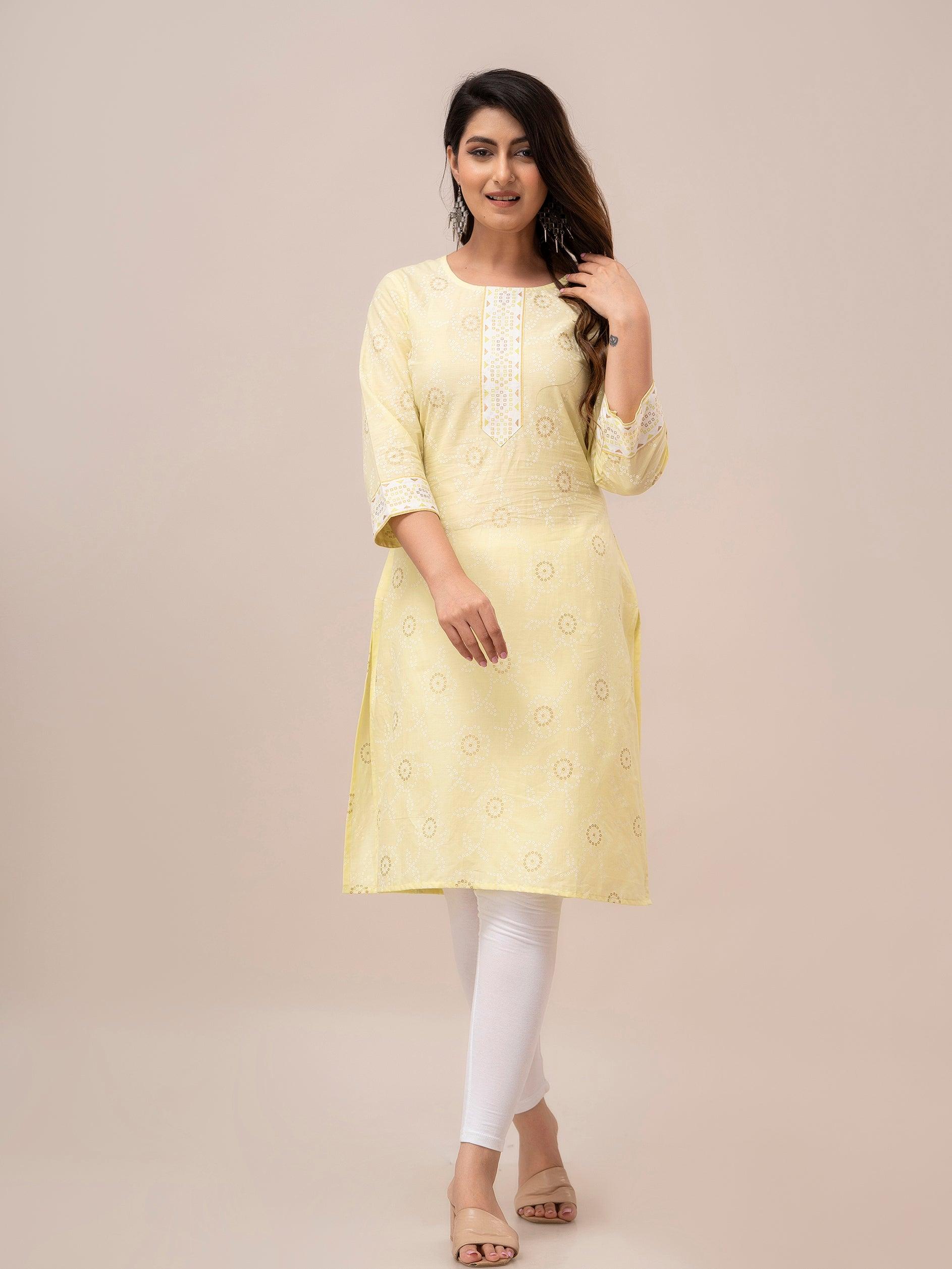 Women Light Yellow Bandhani Printed Straight Kurta – Frionkandy
