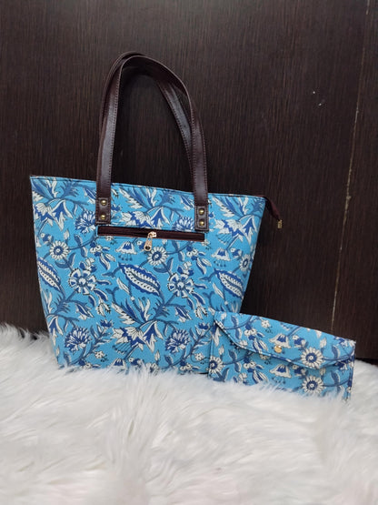 Jaipuri Print Cotton Tote Bag Set | Leather Trimmed Clutch, Coin Purse, Goggle Case