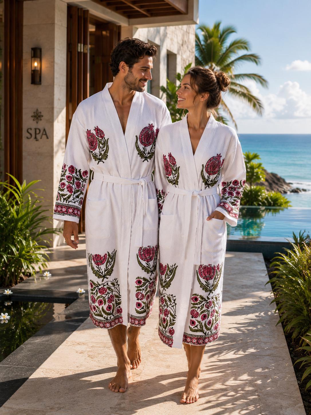 Hand Block Printed Cotton Waffle Robes for Couples | Green Floral Jaipur Kimono Bathrobes