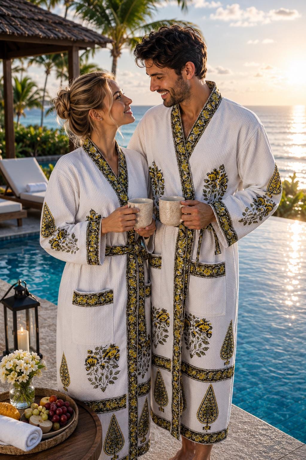 Hand Block Print Cotton Waffle Bathrobe, Unisex Kimono Style, Jaipur Floral Print