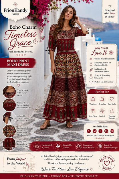Jaipur Floral Crepe Maxi Dress, Boho Resort Wear, Lightweight Ethnic Style