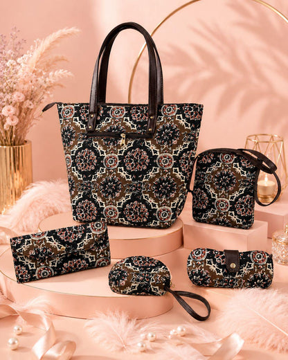 Jaipuri Print Cotton Hand Bag Set | Tote, Sling, Clutch, Goggle Case, Coin Purse