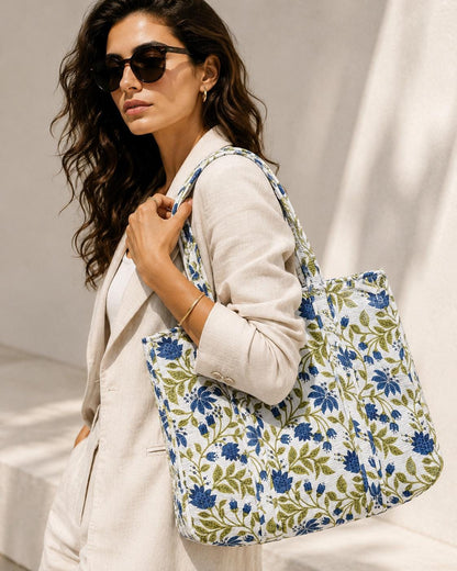Jaipuri Quilted Cotton Tote Bag: Market Women's Size (17*18 Inches) One Pocket inside