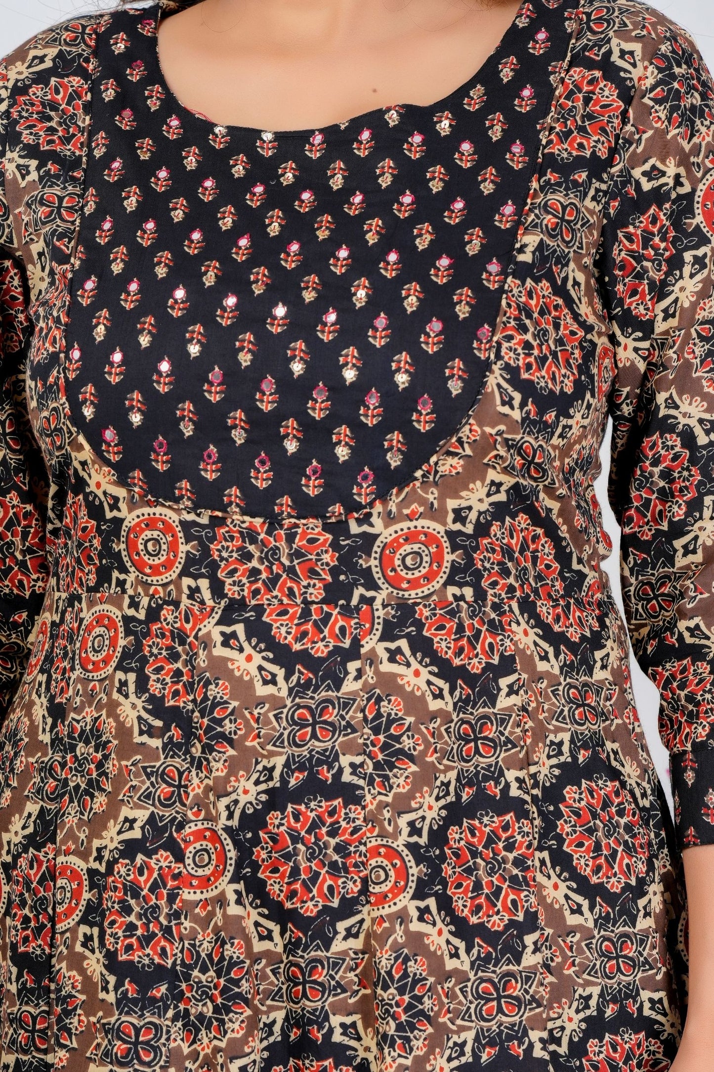 Elegant Black & Beige Floral Printed Kurta Set with Dupatta