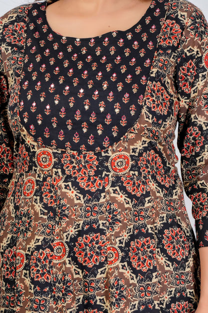 Elegant Black & Beige Floral Printed Kurta Set with Dupatta