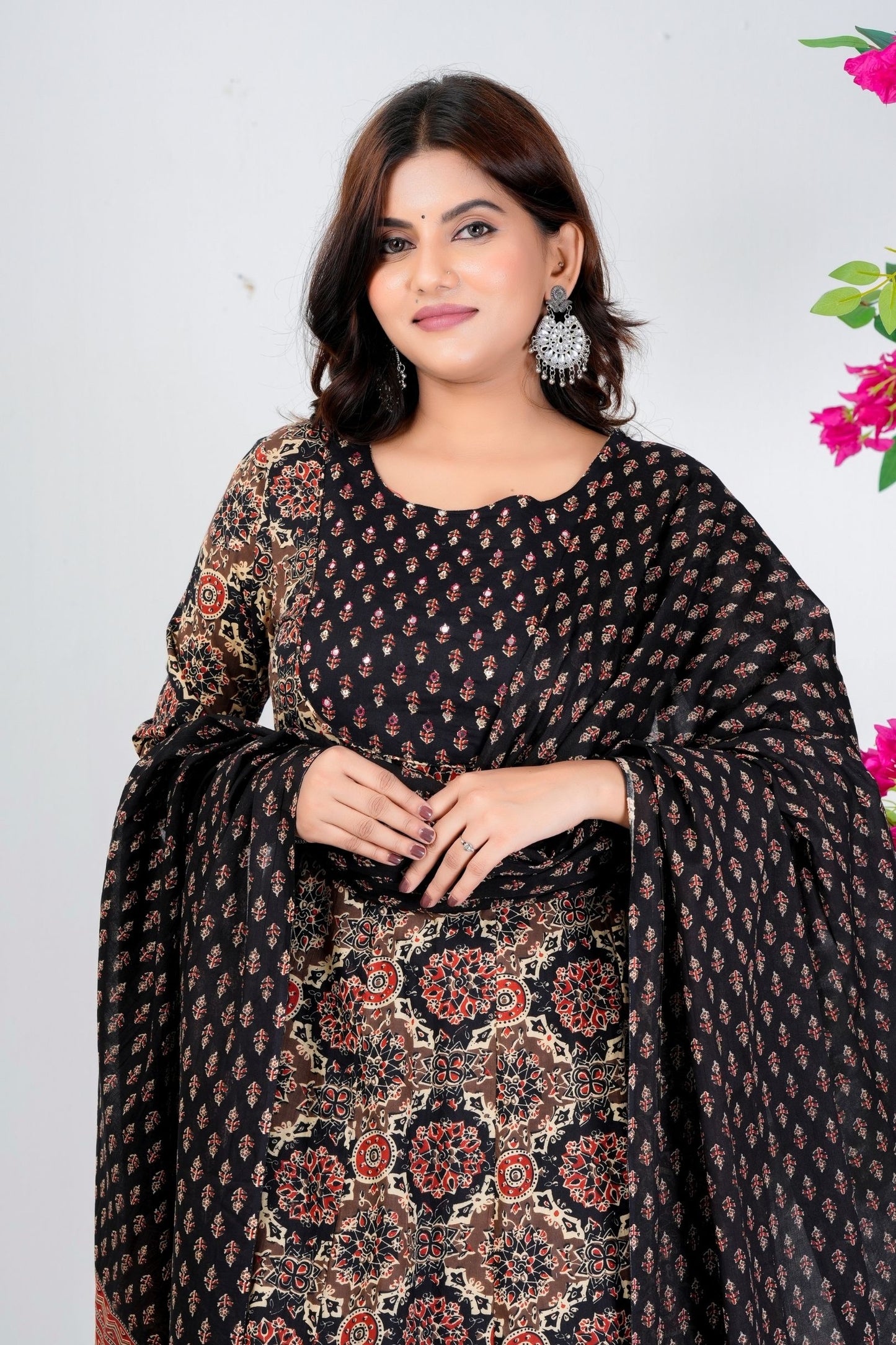 Elegant Black & Beige Floral Printed Kurta Set with Dupatta