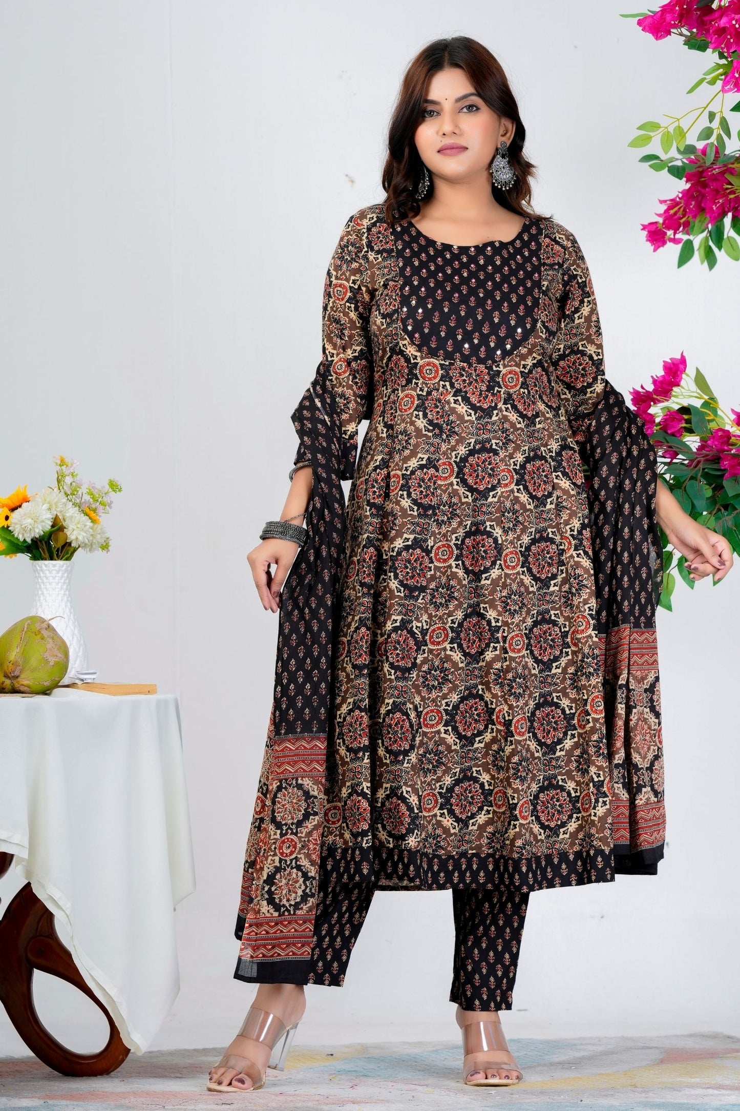 Elegant Black & Beige Floral Printed Kurta Set with Dupatta