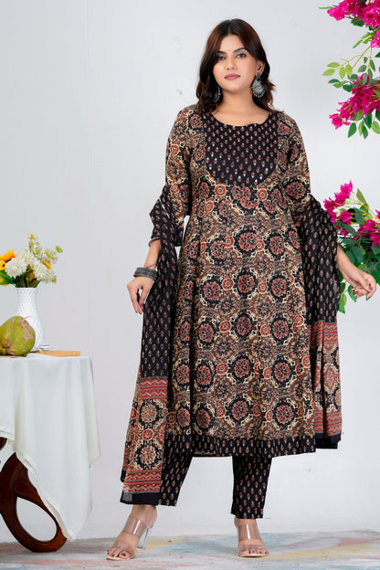 Elegant Black & Beige Floral Printed Kurta Set with Dupatta