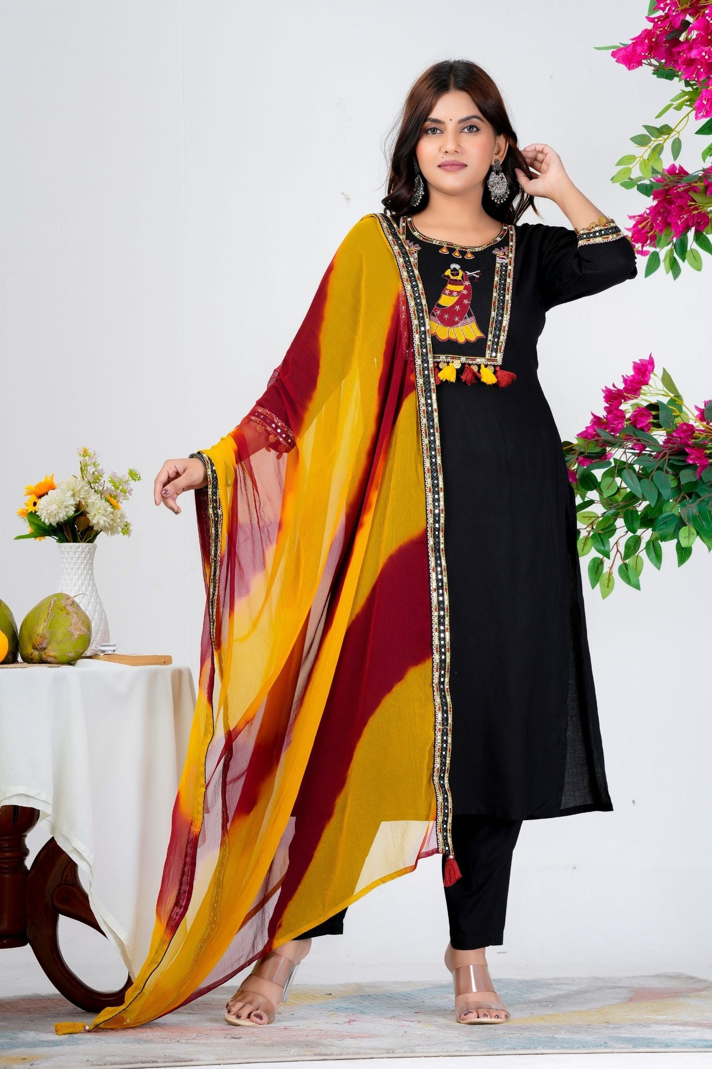 Black Embroidered Kurta Set with Yellow & Maroon Ombre Dupatta