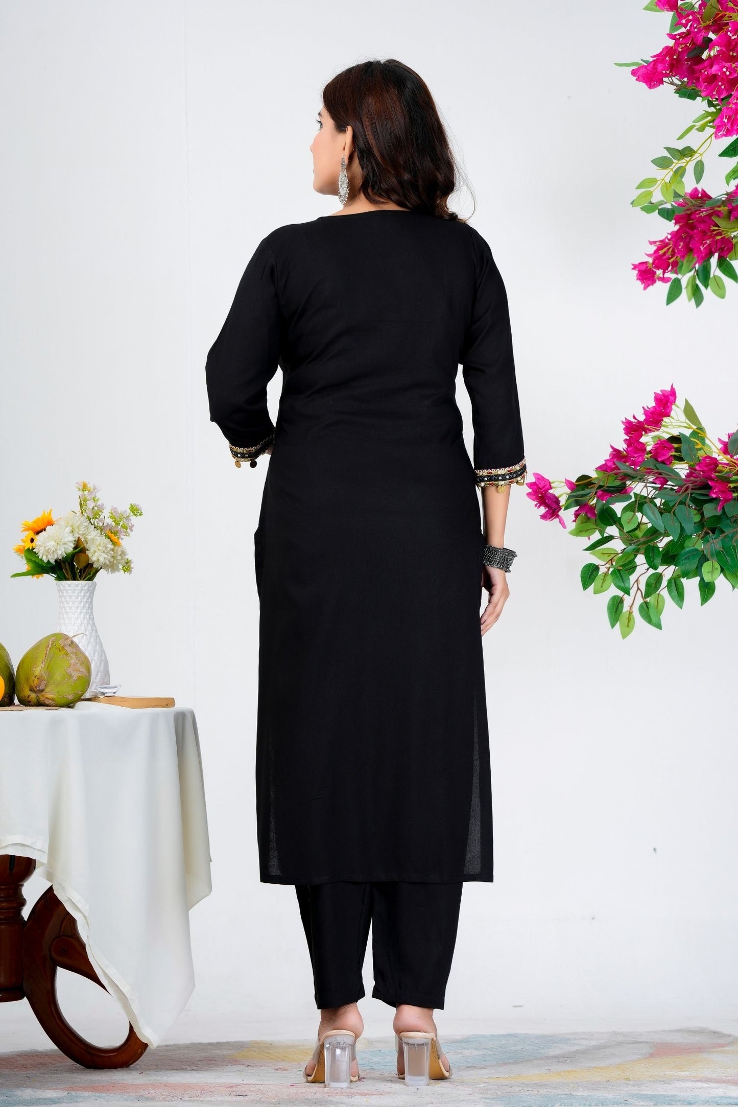 Black Embroidered Kurta Set with Yellow & Maroon Ombre Dupatta