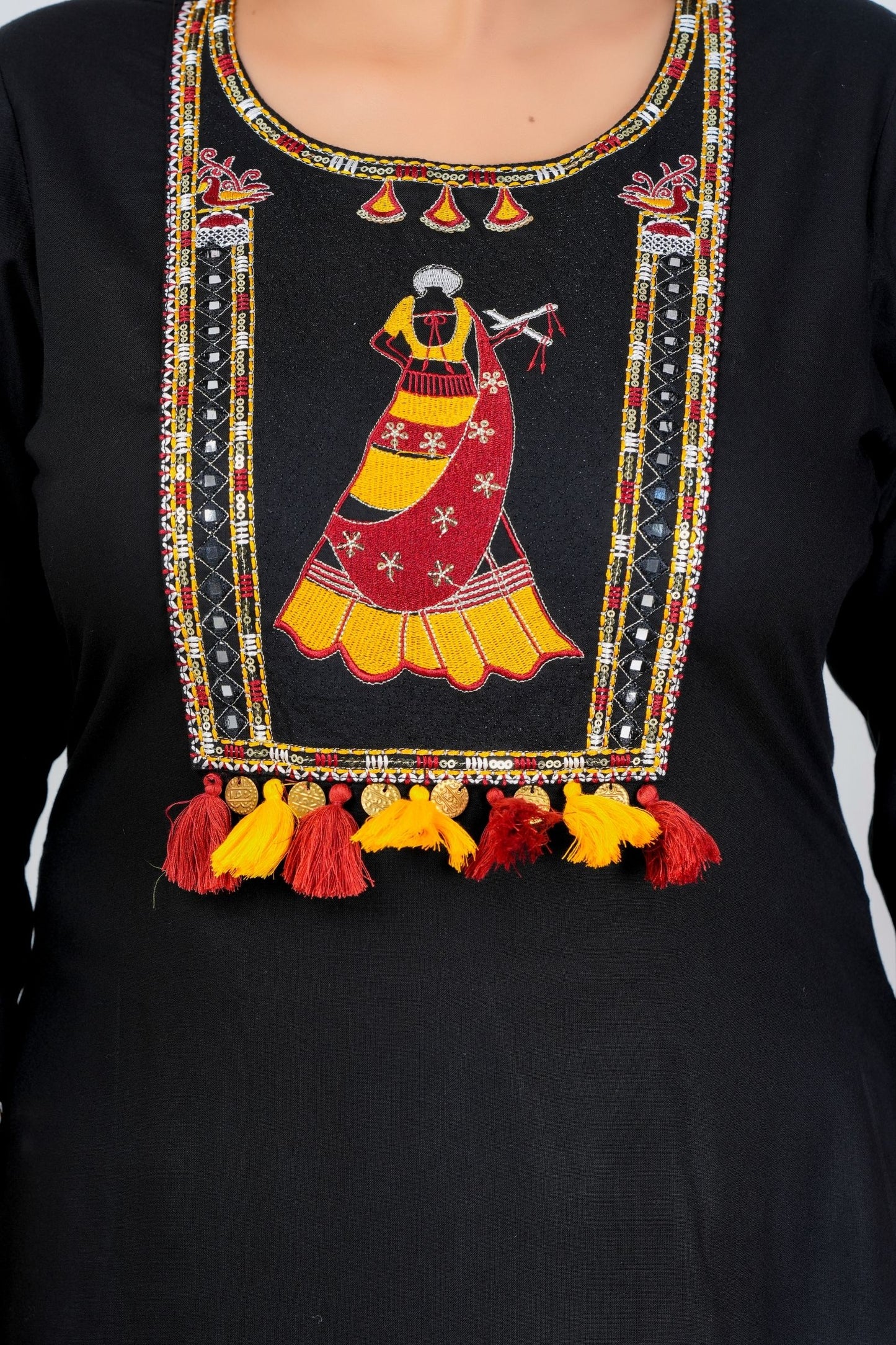 Black Embroidered Kurta Set with Yellow & Maroon Ombre Dupatta
