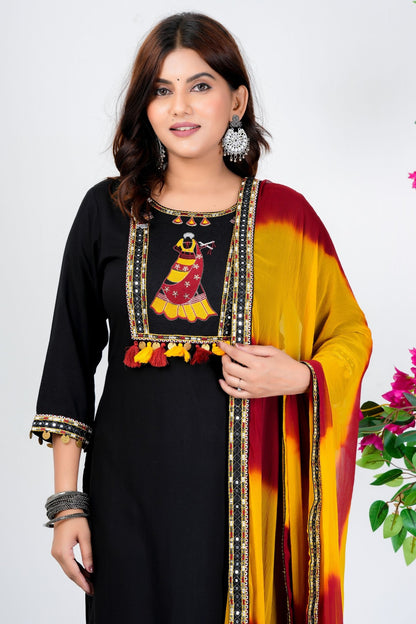 Black Embroidered Kurta Set with Yellow & Maroon Ombre Dupatta