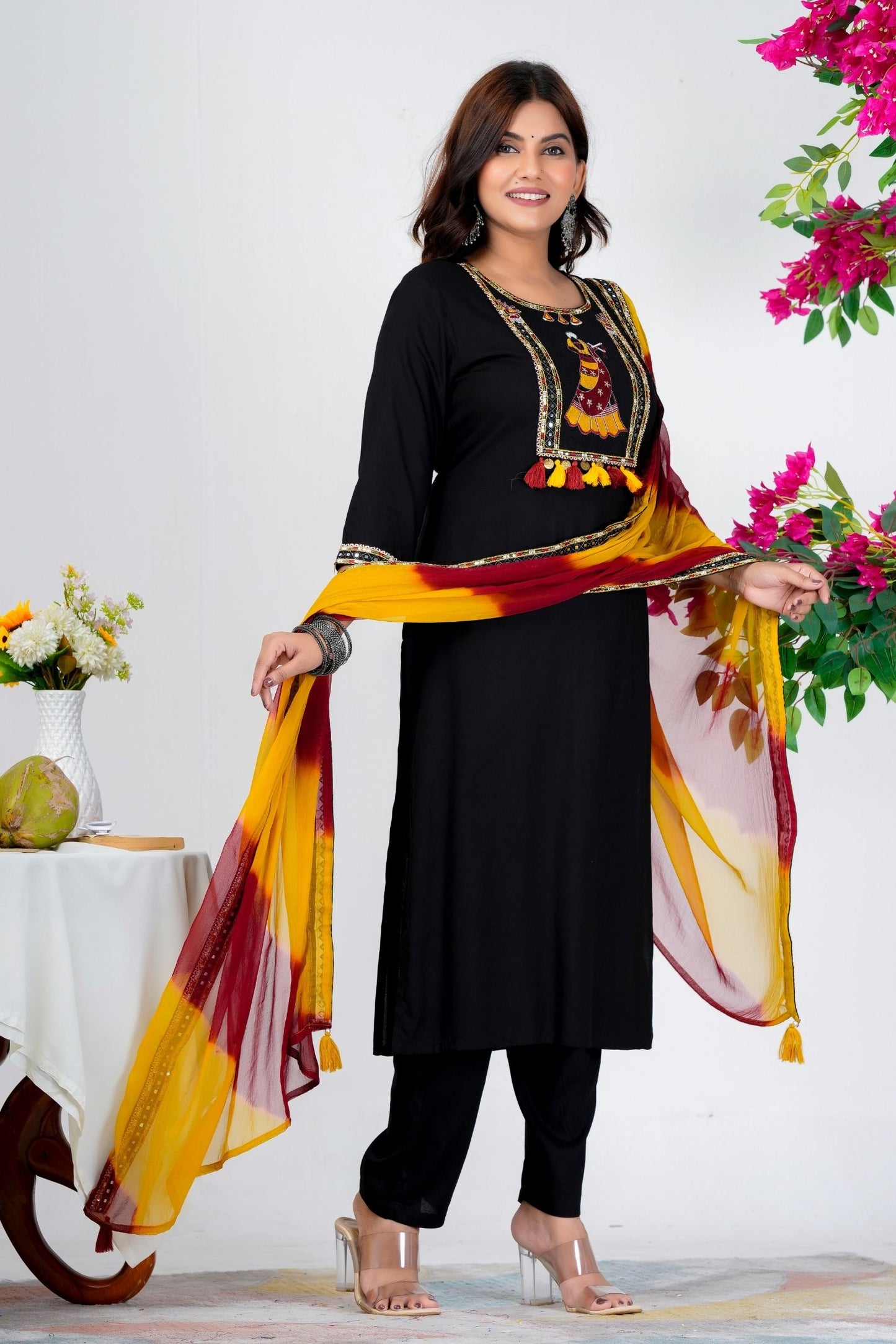 Black Embroidered Kurta Set with Yellow & Maroon Ombre Dupatta