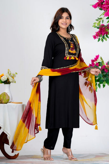 Black Embroidered Kurta Set with Yellow & Maroon Ombre Dupatta