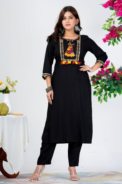 Black Embroidered Kurta Set with Yellow & Maroon Ombre Dupatta