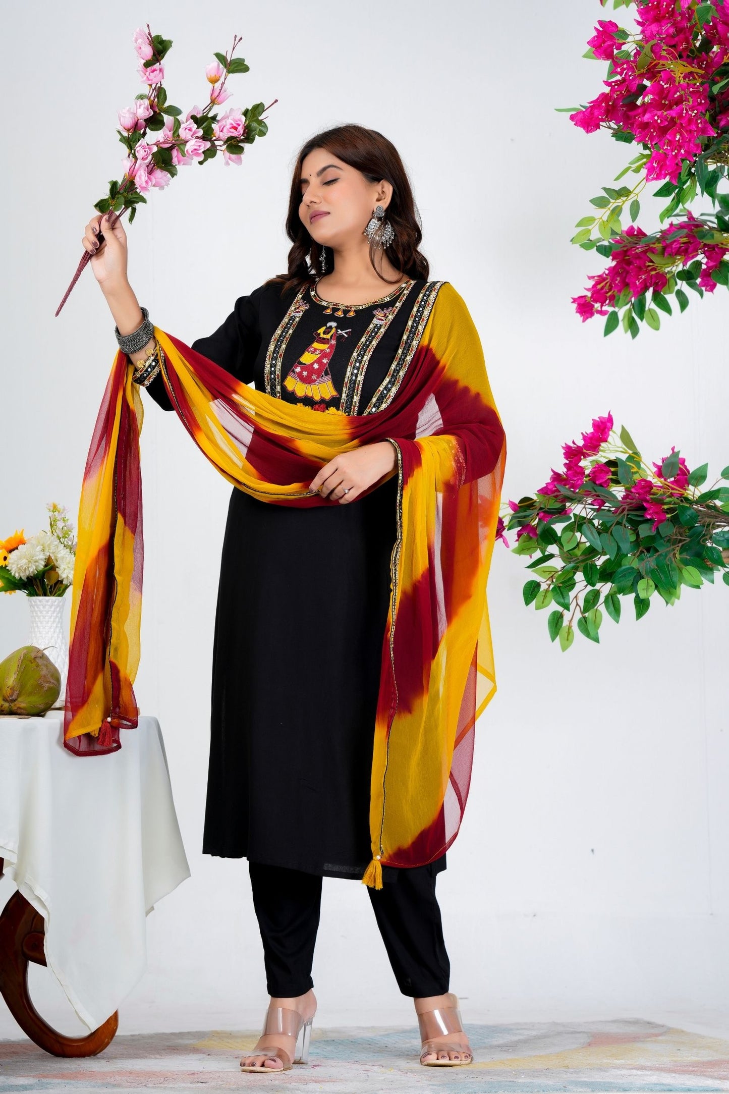Black Embroidered Kurta Set with Yellow & Maroon Ombre Dupatta