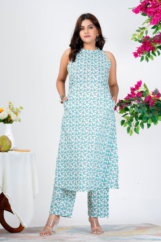 Trendy Sleeveless Aqua Blue Printed Kurta Set