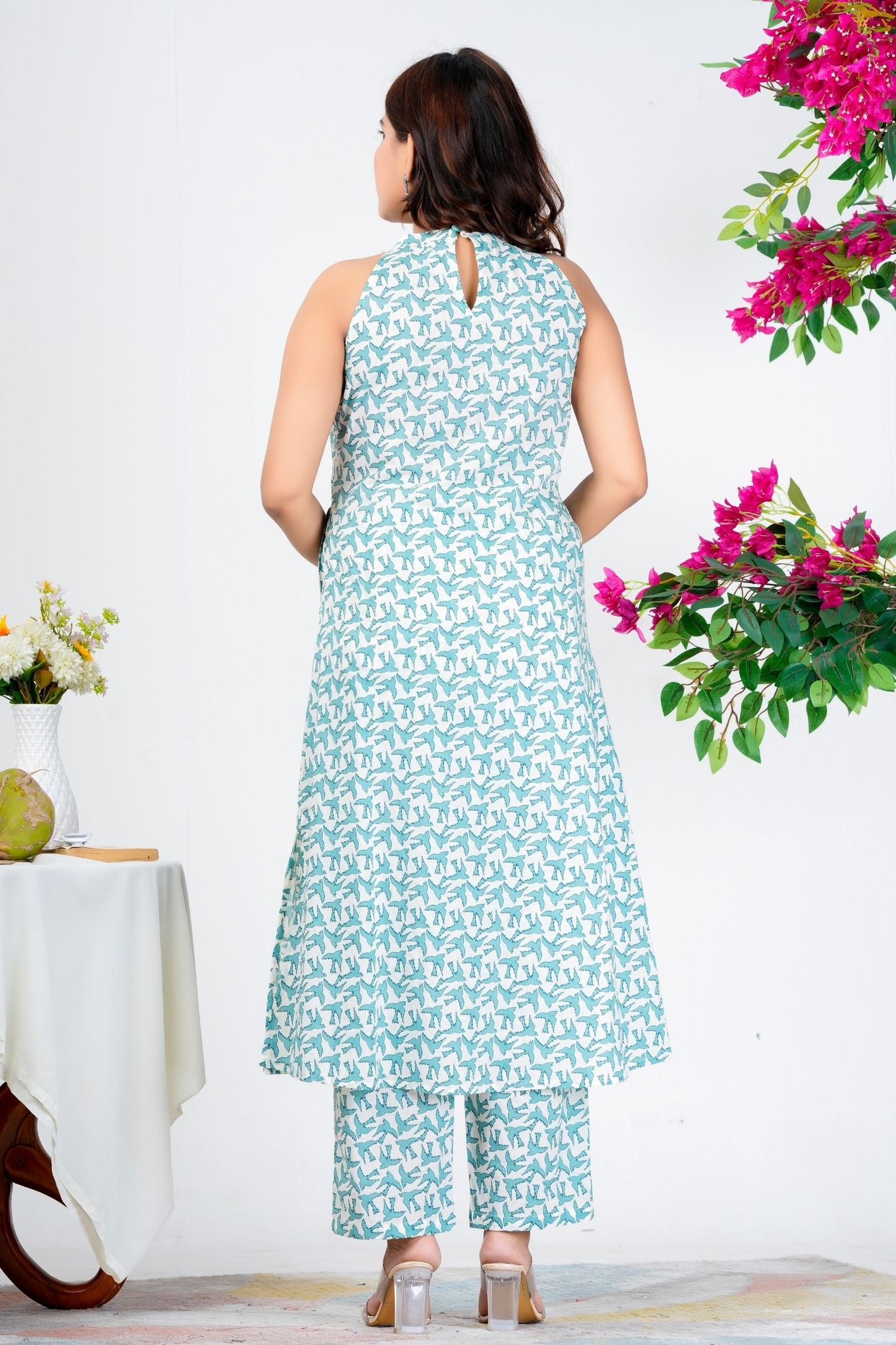 Trendy Sleeveless Aqua Blue Printed Kurta Set