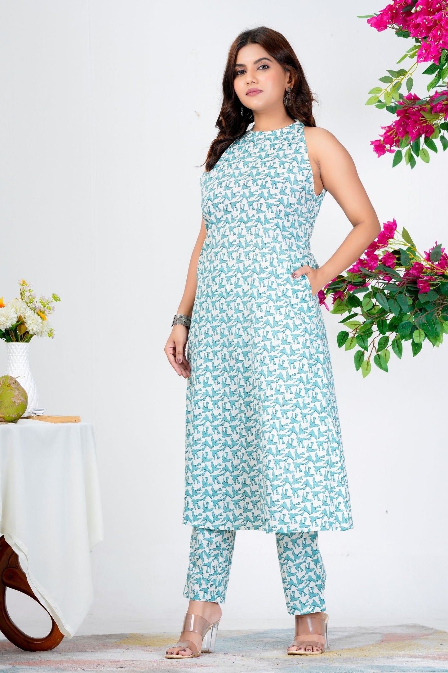 Trendy Sleeveless Aqua Blue Printed Kurta Set