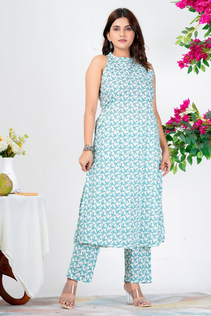 Trendy Sleeveless Aqua Blue Printed Kurta Set