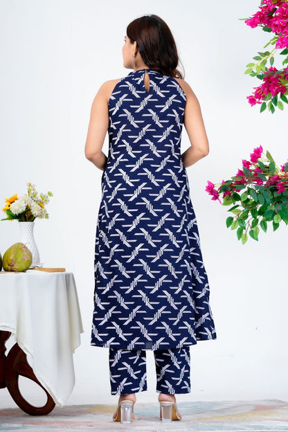 Elegant Sleeveless Navy Blue Printed Kurta Set