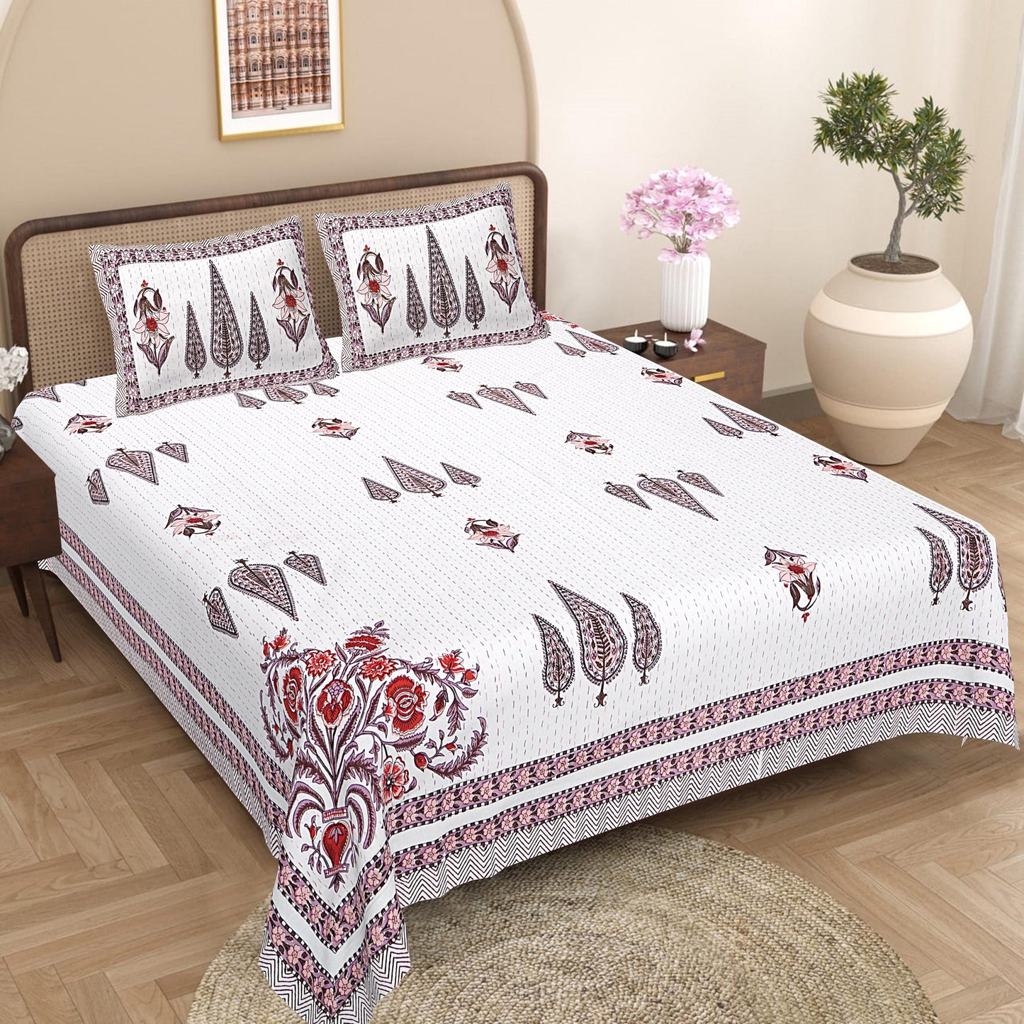 Hand Block Printed Cotton Bedsheet Set, Floral Paisley Indian Bedding (86x106 Inch)