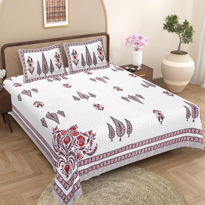 Hand Block Printed Cotton Bedsheet Set, Floral Paisley Indian Bedding (86x106 Inch)