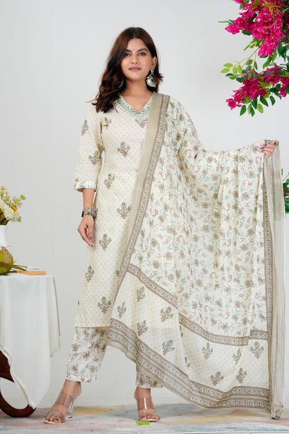Elegant Off-White Floral Printed Kurta Set with Dupatta