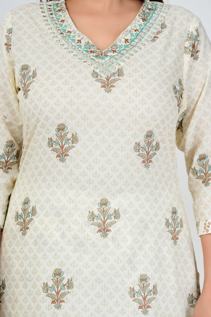 Elegant Off-White Floral Printed Kurta Set with Dupatta