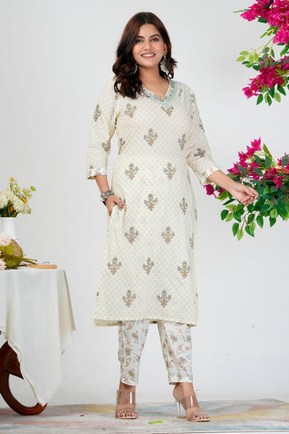 Elegant Off-White Floral Printed Kurta Set with Dupatta