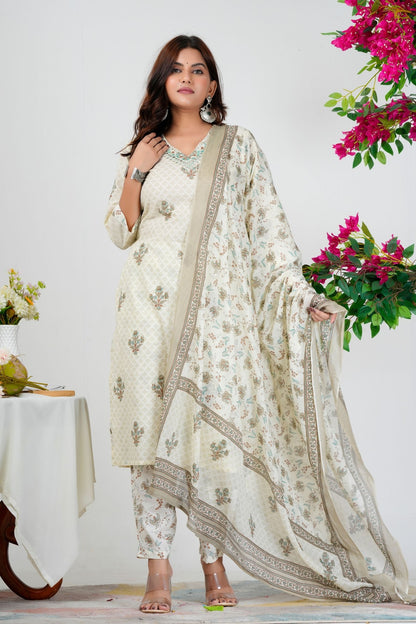 Elegant Off-White Floral Printed Kurta Set with Dupatta