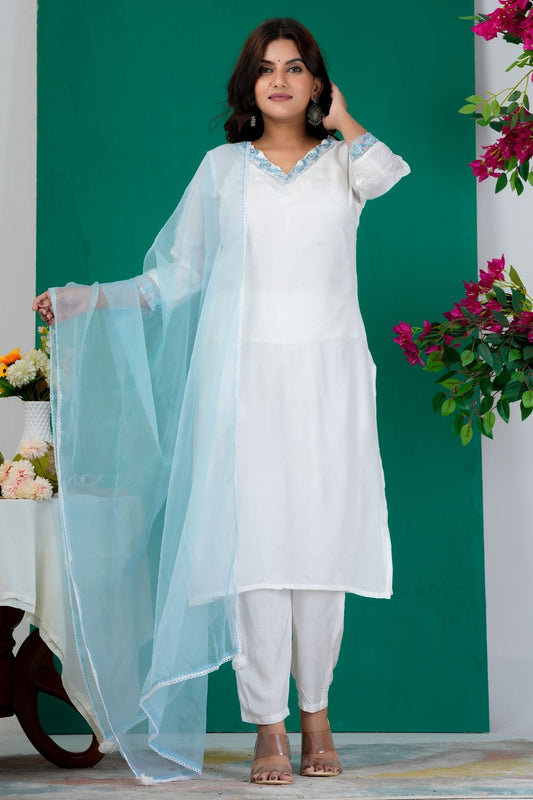 Graceful White Kurta Set with Light Blue Dupatta