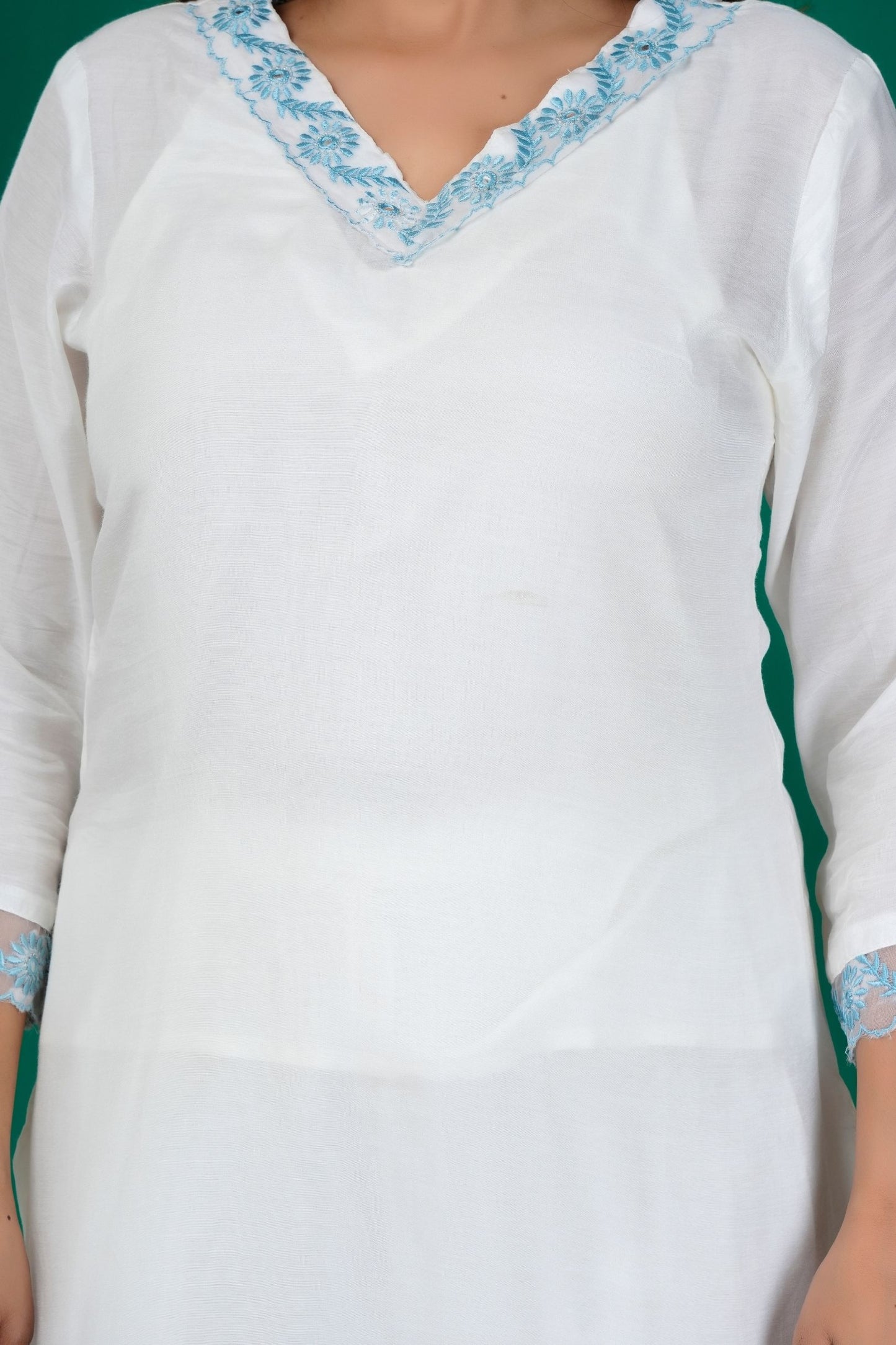 Graceful White Kurta Set with Light Blue Dupatta