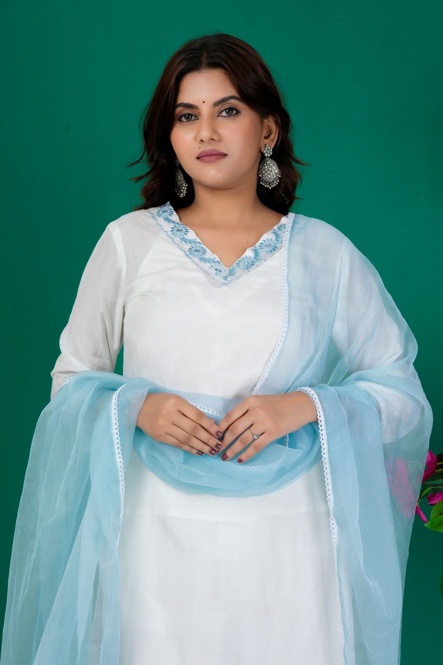 Graceful White Kurta Set with Light Blue Dupatta