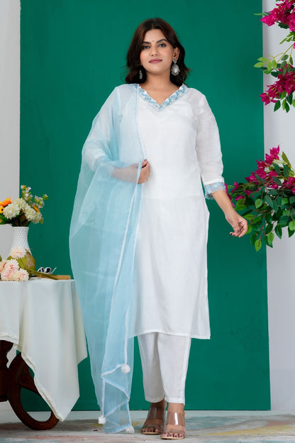 Graceful White Kurta Set with Light Blue Dupatta