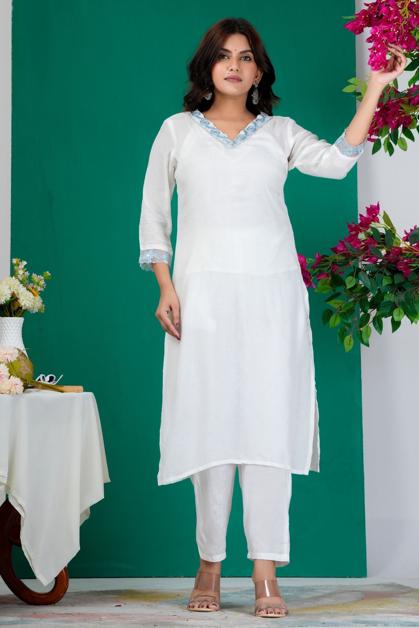 Graceful White Kurta Set with Light Blue Dupatta