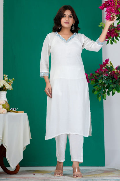 Graceful White Kurta Set with Light Blue Dupatta