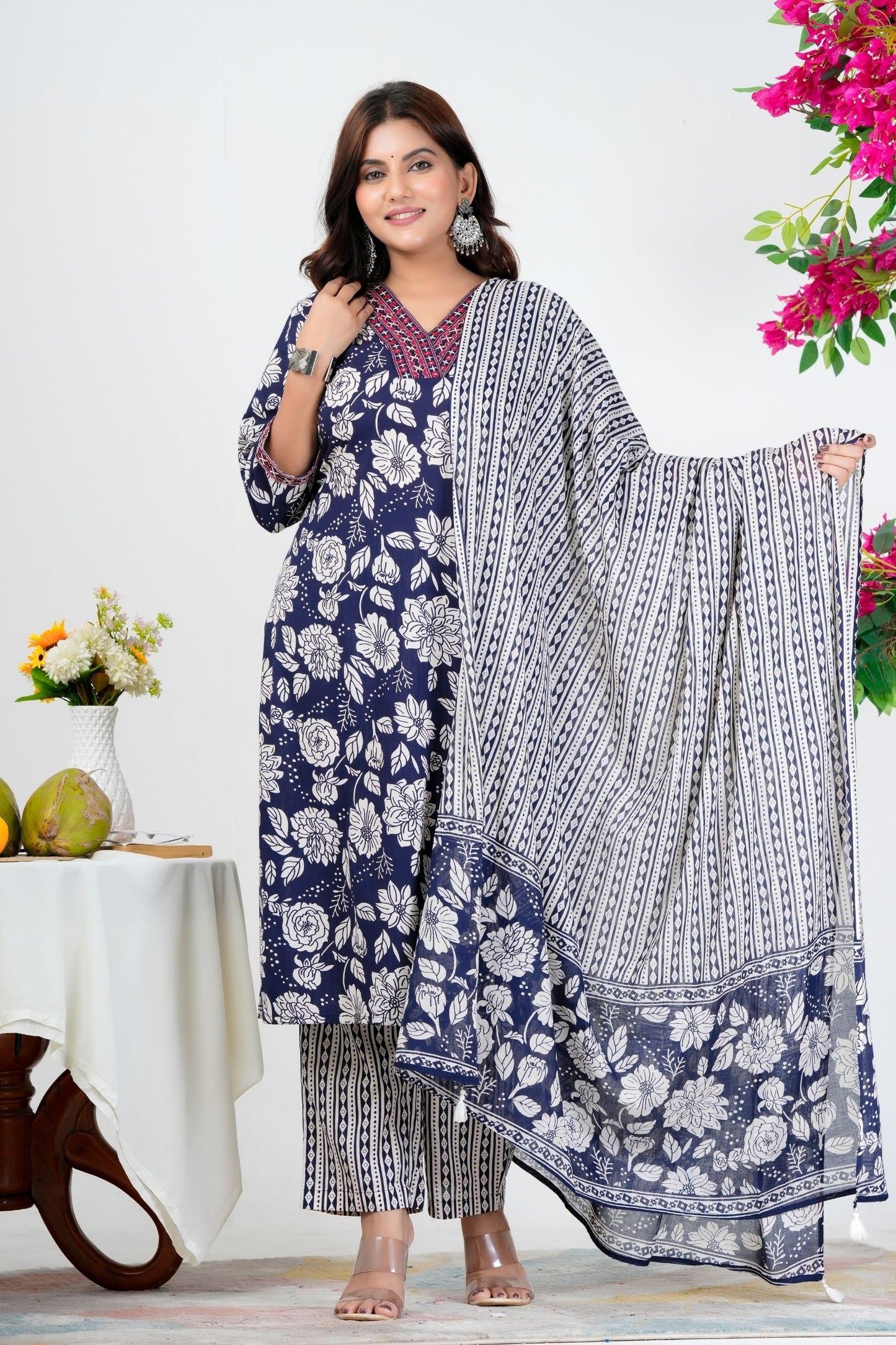 Elegant Navy Blue Floral Printed Kurta Set with Dupatta