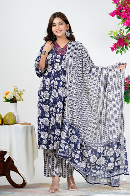 Elegant Navy Blue Floral Printed Kurta Set with Dupatta