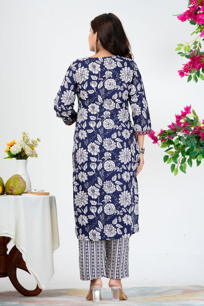 Elegant Navy Blue Floral Printed Kurta Set with Dupatta