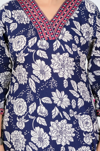 Elegant Navy Blue Floral Printed Kurta Set with Dupatta
