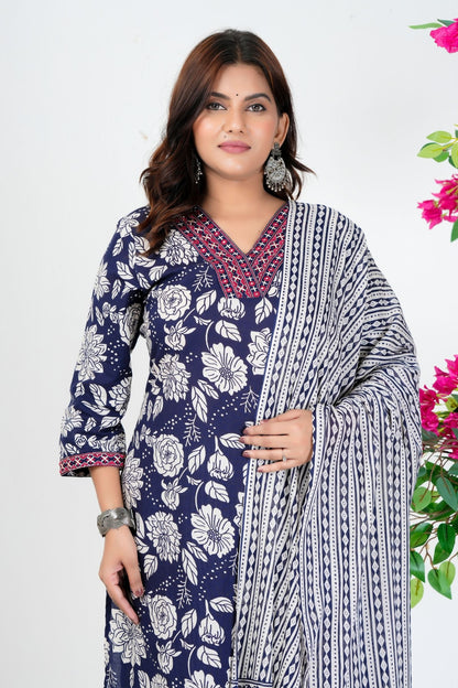 Elegant Navy Blue Floral Printed Kurta Set with Dupatta