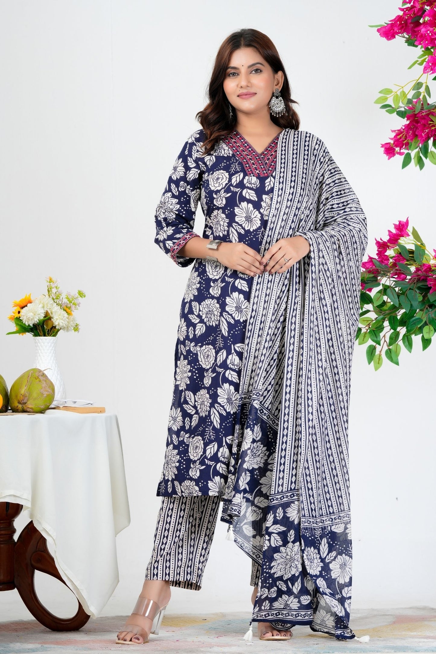 Elegant Navy Blue Floral Printed Kurta Set with Dupatta