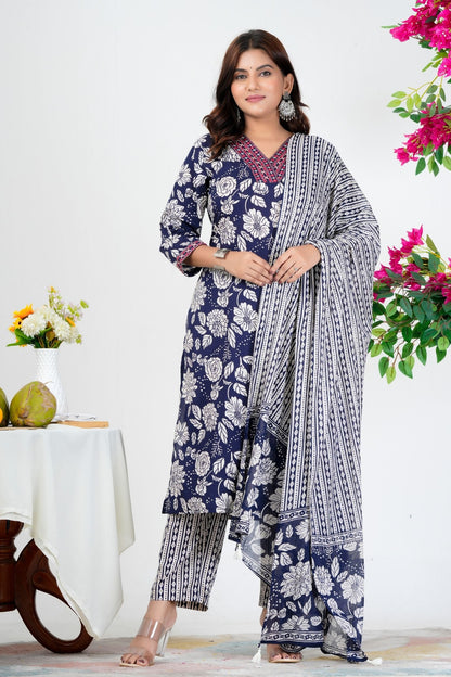 Elegant Navy Blue Floral Printed Kurta Set with Dupatta