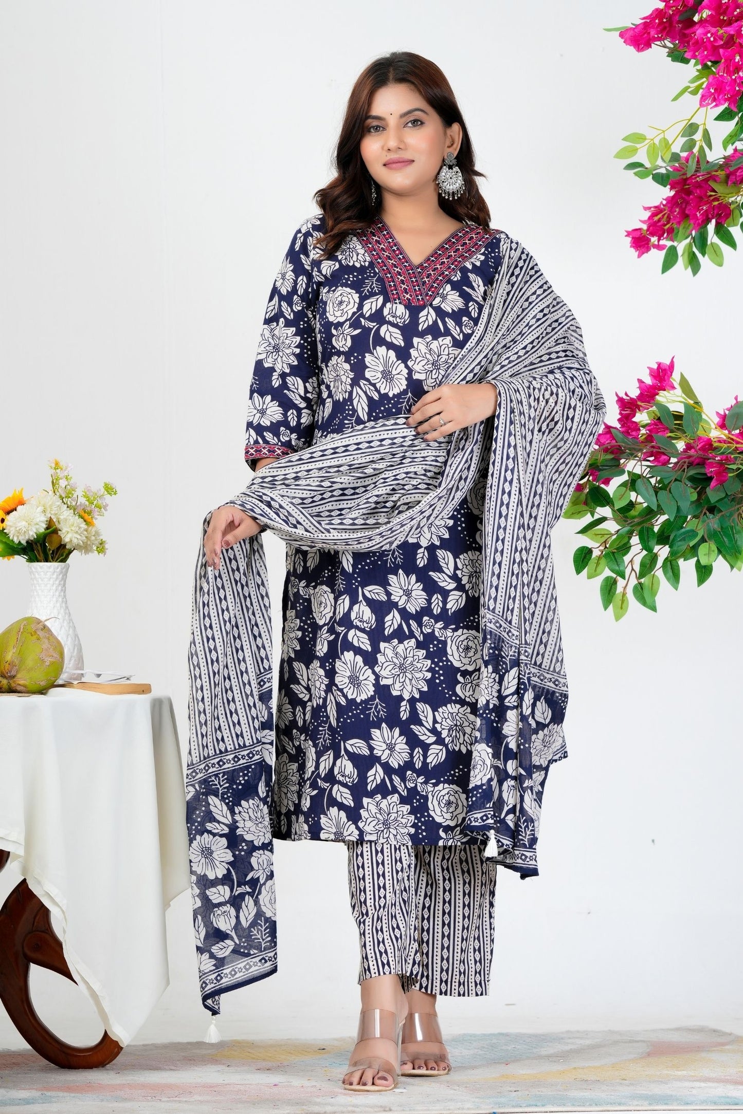 Elegant Navy Blue Floral Printed Kurta Set with Dupatta