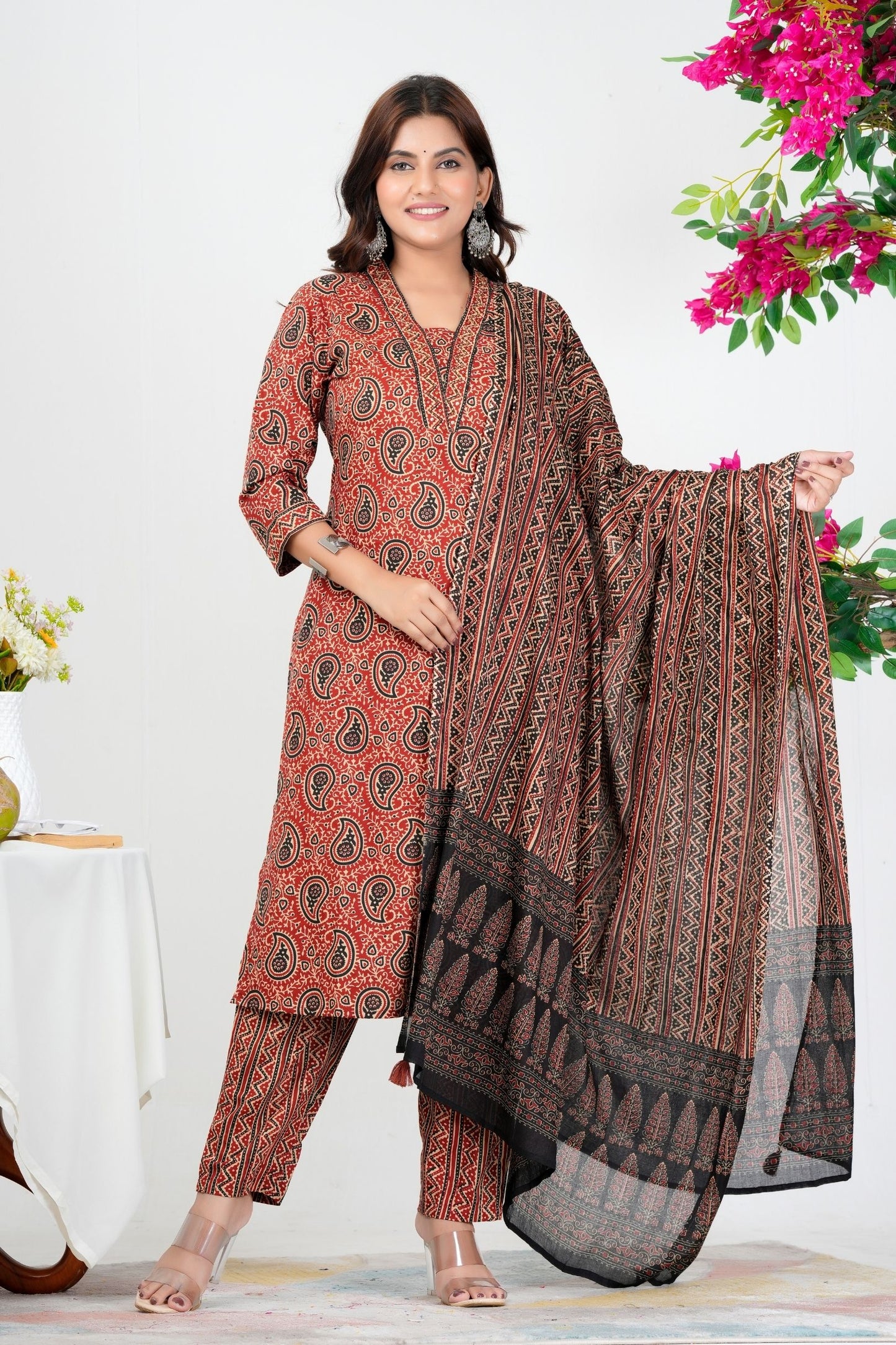Rust Red Paisley Printed Kurta Set with Dupatta
