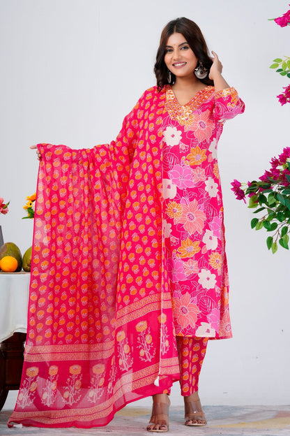 Women's Bright Pink Floral Printed Kurta Set with Dupatta – Festive & Ethnic Wear