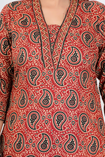 Rust Red Paisley Printed Kurta Set with Dupatta
