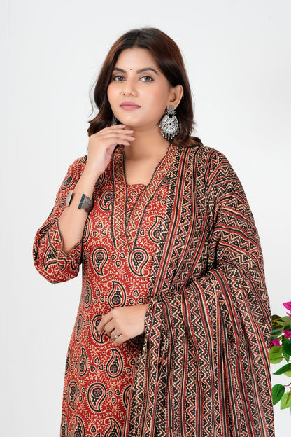 Rust Red Paisley Printed Kurta Set with Dupatta