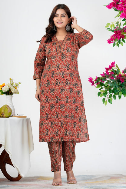 Rust Red Paisley Printed Kurta Set with Dupatta